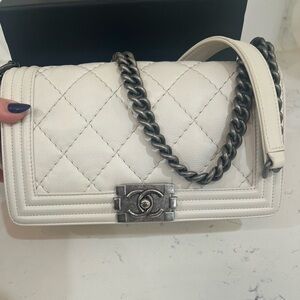 Chanel White Quilted Leather Chain Boy Bag. Great condition.